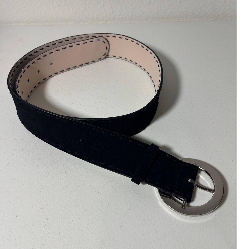 New York & Company Size L Black Genuine Suede Leather Belt w/ Circle Buckle - Picture 1 of 4